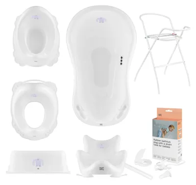 Obrázek produktu pro SET: Dětská vanička, protiskluzová podložka, stojan, vypouštěcí hadice, nočník, dětské záchodové prkénko a stolička - Yeti White