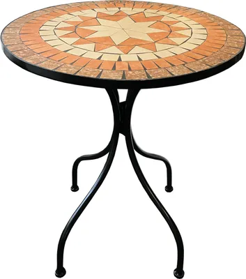 A round mosaic table with a star pattern on its surface, supported by a black metal base.