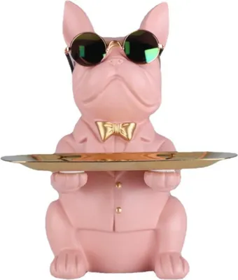 Image de XYQXYQ Statue de bouledogue en résine Décoration canine Plateau de rangement rose
