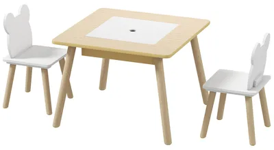 Produktbild von Kindertisch aus Holz mit 2 Stš¹hlen, F?chern und abnehmbarer Tafel, 60 x 60 x 44 cm, Natur und Wei?