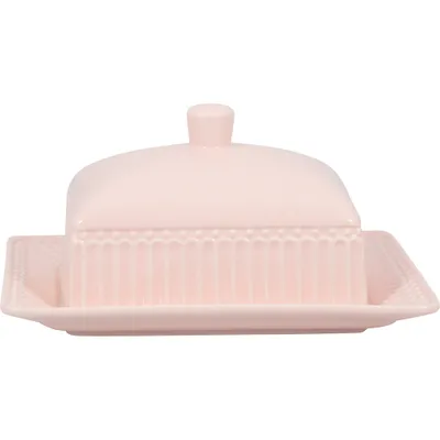 A pink ceramic butter dish with a lid, presented on a white background.