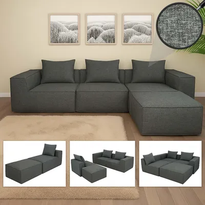 Produktbild von L-Sofa MCW-O54, Lounge-Couch mit Ottomane, erweiterbar modular rechts/links, Stoff/Textil 63x270x190cm  dunkelgrau