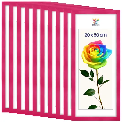 Obrázek produktu pro MG Design, sada 10 kusů rámečků na obrázky, rozměr 20 x 50 cm – rámečky na plakáty s růžovým rámem z masivního dřeva a odolným akrylovým sklem, vhodné pro vertikální i horizontální formáty, s robustním systémem pro zavěšení na zeď
