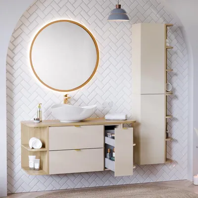 Produktbild von Badmöbel-Set 3-teilig mit Waschtisch 120 cm & LED-Spiegel in Beige und Eiche - DURANGO-56
