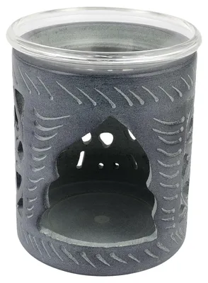 Produktbild von Räucherkegelhalter Blume Speckstein grau Zylinderform Sieb und Glasschale Teelichthalter