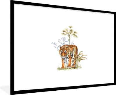 Produktbild von MuchoWow® MuchoWow® Gerahmtes Poster Tiger - Pflanze - Weiß 90x60 cm - Poster mit zchwarzem Bilderrahmen - Wanddekoration - Fotos