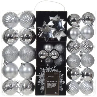 Produktbild von DECORIS Weihnachtskugeln Mix 023922 bruchfest silber 40St