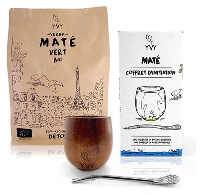 Imagen del producto de YVY MATÉ – Set para principiantes – Incluye: mate de madera, bombilla y 500 g de yerba mate orgánica verde – Set completo para empezar