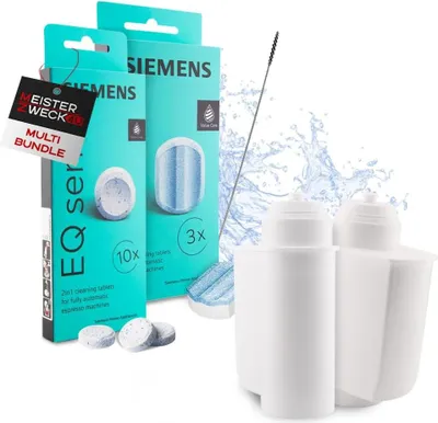 Produktbild von MEISTERZWECK4U Pflegeset Kaffeevollautomaten - 2x Wasserfilter, 1x Entkalkungstabletten, 1x Reinigungstabletten, Reinigungsbürste - Reinigungsset Kaffeemaschinen Siemens, EQ Series, Supresso, Bosch