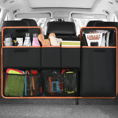 Produktbild von Kofferraum-Organizer, 96 x 44 cm, große Aufbewahrungstasche für das Auto, Kofferraumtasche, wasserdichte Taschen, Organizer für den Autositz mit 6 Fächern, verstellbaren Riemen und 3 Befestigungsmöglichkeiten