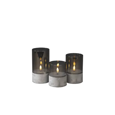 Zdjęcie produktu dla Zestaw 3 świec LED w kolorze dymnej szarości 1819-300 z 6-godzinnym timerem, D8, H10/12,5/15 cm, bez 2 baterii AA