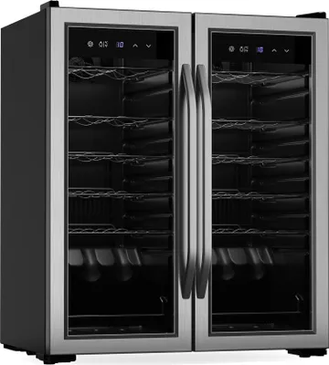 Produktbild von Klarstein Vinamour Weinkühlschrank 2 Zonen - 36 Flaschen, 5-18 °C, Touch-Steuerung, LED-Beleuchtung, Freistehend, UV-Schutz, Edelstahl Doppeltür