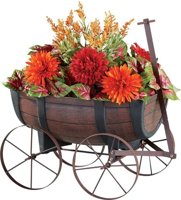 Produktbild von Pflanzwagen Nessa im Holzfass-Look 41x30x16 cm (BxHxT) mit Speichenrädern für Garten & Terrasse