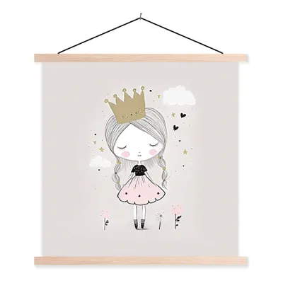 Produktbild von MuchoWow® Textilposter Prinzessin - Blumen - Krone - Mädchen - Sterne 60x60 cm mit holzfarbenen Rahmen - Wanddekoration