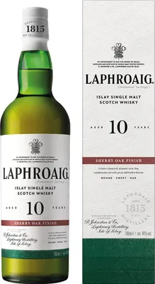 A bottle of Laphroaig 10 Year Old Sherry Oak Finish Scotch Whisky and its accompanying box, presented against a white background.