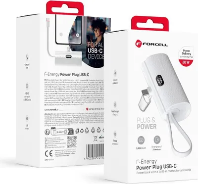 Produktbild von FORCELL F-ENERGY Power Plug F5K3 Powerbank 5.000mAh mit integriertem Typ C PD 20W Anschluss weiß