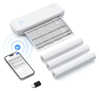 Zdjęcie produktu dla Bisofice A4 – przenośna drukarka termotransferowa, z możliwością połączenia bezprzewodowego i przez USB, z czytnikiem kart 56 mm/77 mm/107 mm/210 mm/216 mm (2 cale/3 cale/4 cale/8 cali/8,5 cala) – format US Letter do biura i szkoły, w zestawie 3 rolki papieru termicznego, kompatybilna z systemami Windows i Mac, druk bez atramentu, pliki PDF, strony internetowe, dokumenty umowne, obrazy