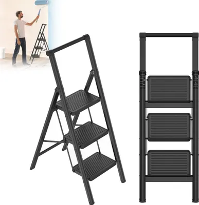 Produktbild von LZQ Stepladder 3 stopnie, składane stopnie z poręczą, składana drabina z szerokim antypoślizgowym pedałem, drabina do użytku domowego, wielofunkcyjny stołek, łatwy do przechowywania, udźwig do 270 kg, drabina do użytku domowego, biurowego, czarny