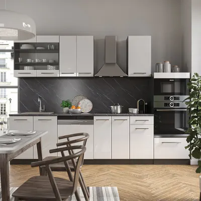 Image de Cuisine Vicco Fame-Line Blanc brillant/Anthracite 300cm avec armoire haute, sans PT, Model 35795