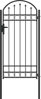 A black metal garden gate with a curved top and decorative circles.