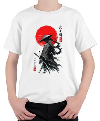 Obrázek produktu pro Samuraj, ronin, katana, meč, červené slunce, Japonsko, válečník, Y2K, šógun, dětské tričko, bílá barva, velikost 152