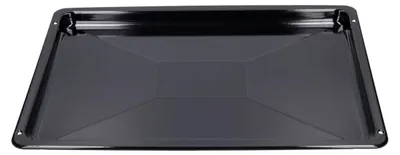 A black baking tray with a raised rim and an indented center.