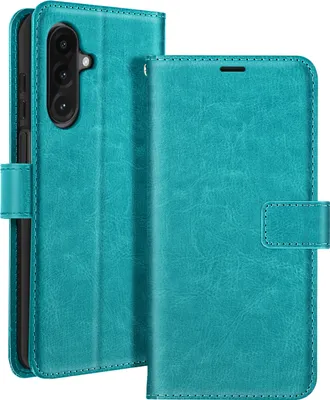 A teal-colored flip-style phone case is shown, open and closed, against a white background.