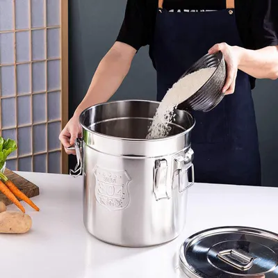 Zdjęcie produktu dla Szczelny pojemnik na żywność ze stali nierdzewnej 304 z hermetyczną pokrywką do przechowywania ryżu, wody i mąki, cukru, herbaty zbożowej (12 l)