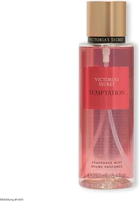A bottle of Victoria's Secret Temptation Body Mist is shown against a white background.