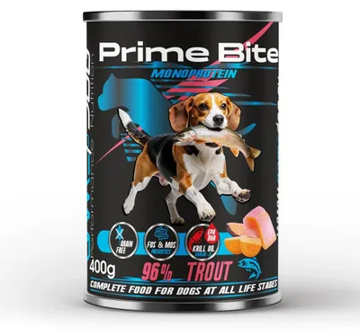 Immagine prodotto di PRIME BITE Cibo umido monoproteico per cani con trota e patate dolci - 400 g