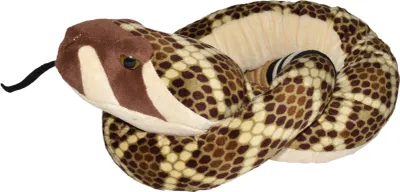 A plush toy rattlesnake coiled on a white background.