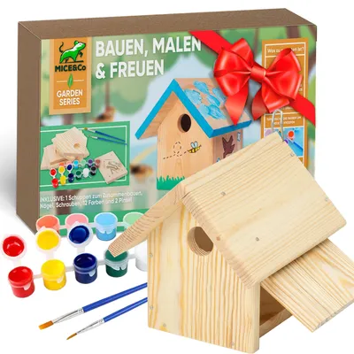Holz-Vogelhaus zum Bemalen, DIY-Bastelset, mit 12 Farben