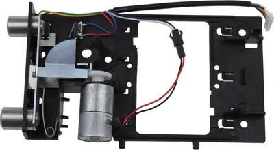 A close-up, overhead view of a door lock mechanism with a motor and wiring, set against a white background.