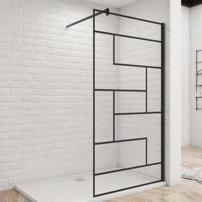 Produktbild von 8mm Schwarz unregelmäßige Form Duschwand für Begehbare Dusche Hartglas 100×200 cm + F Form 90cm flexiblen Stange Schwarz