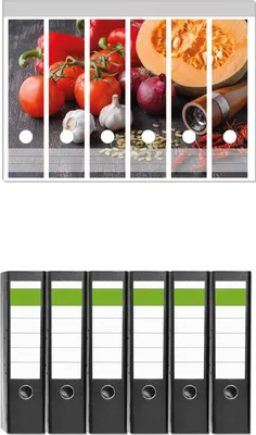 Produktbild von Wallario 6 Stück breite Ordner inkl. Klebeetiketten mit Motive Kürbissuppe - Zutaten mit Tomaten, Knoblauch, Zwiebeln und Pfeffer -  Set mit Rückenschildern / Ordnerrücken Stickern