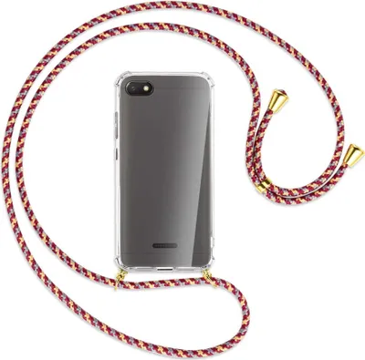 Produktbild von Handykette Backcover-Schutzhülle mit Band (Metall goldfarben) für Xiaomi Redmi 6A - weinrot/gelb/grau