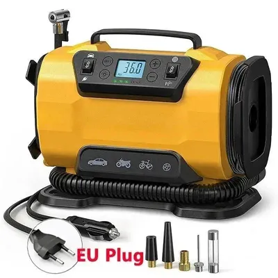 Obrázek produktu pro Přenosný vzduchový kompresor – hustilka pneumatik – 110–230 V AC/DC – kompresor do auta a na kolo – pro čluny a nafukovací matrace – zástrčka EU