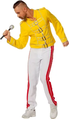 A man dressed in a costume, holding a microphone and singing.
