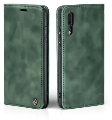 A green flip cover phone case for a Huawei P20 is shown from two angles.