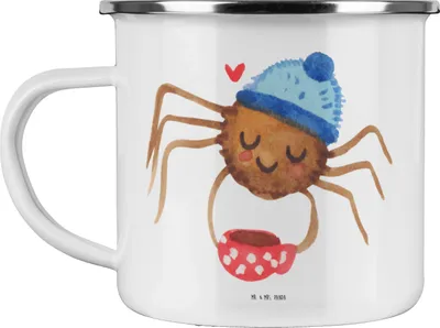 Produktbild von Mr. & Mrs. Panda Haferl Spinne Agathe Kaffee - Weiß - Geschenk, Lebensweisheiten, Emailletasse, Weiser Spruch, Teetasse, Morgenmuffel, Emaille Becher, Tasse, Pott, Morgen