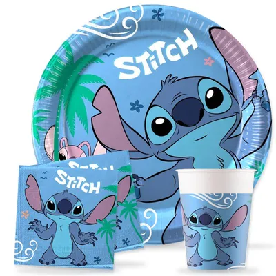 Zdjęcie produktu dla Zestaw imprezowy Stitch, 52 elementy. Urodziny dla dzieci, dekoracje urodzinowe, talerze, kubki, serwetki, naczynia jednorazowe, Lilo i Stitch