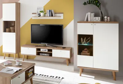 Produktbild von Wohnwand "Helge" in weiß und Eiche Riviera Schrankwand 4-teilig 320 x 197 cm
