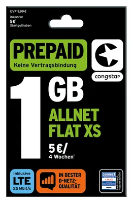 Produktbild von congstar Prepaid Allnet XS: 1 GB Datenvolumen & Flatrate für Telefonie und SMS, 5G-Speed, EU-Roaming