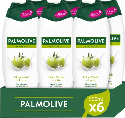 Produktbild von Palmolive Naturals Duschgel Olivgrün und feuchtigkeitsspendende Milch, 6 x 500 ml, spendet Feuchtigkeit für alle Hauttypen, hinterlässt die Haut weich, Duschgel  getestet | Sanfte Formel