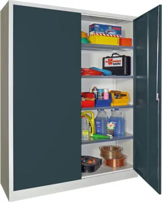 Produktbild von Flügeltürenschrank - Vollblechtüren - 1.950x1.500x500 mm (HxBxT) - 4 Einlegeböden gepulvert - Zylinderschloss - anthrazitgrau/lichtblau