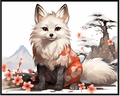 Produktbild von Wallario Wandbild Fuchs mit Kirschblüten, Größe: 40,30 x 50,30 cm, Poster mit schwarzem Aluminiumrahmen