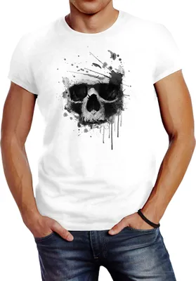 Produktbild von Herren T-Shirt Skull Splash Slim Fit Neverless® weiß 4XL