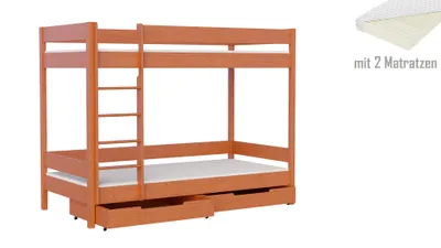 Produktbild von Etagenbett 160x80 Kinderbett mit Rausfallschutz & Lattenrost teak 80 x 160 für Mädchen und Jungen Massivholz Kiefer und MDF Möbelplatte, mit Matratzen und Schubladen