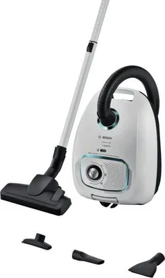 A white Bosch vacuum cleaner with its accessories laid out on a white background.