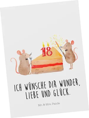 Produktbild von Mr. & Mrs. Panda Grußkarte 18. Geburtstag Mäuse Kuchen - Weiß - Geschenk, Postkarte, Postkarten, Kuchenliebe, Geburtstage, Ansichtskarte, Fotokarte, Ansichtskarten, Maus